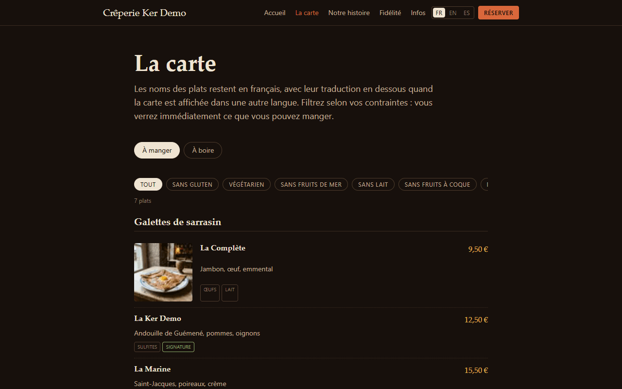 Après — La carte de la Crêperie Ker Demo, capture du site de démonstration