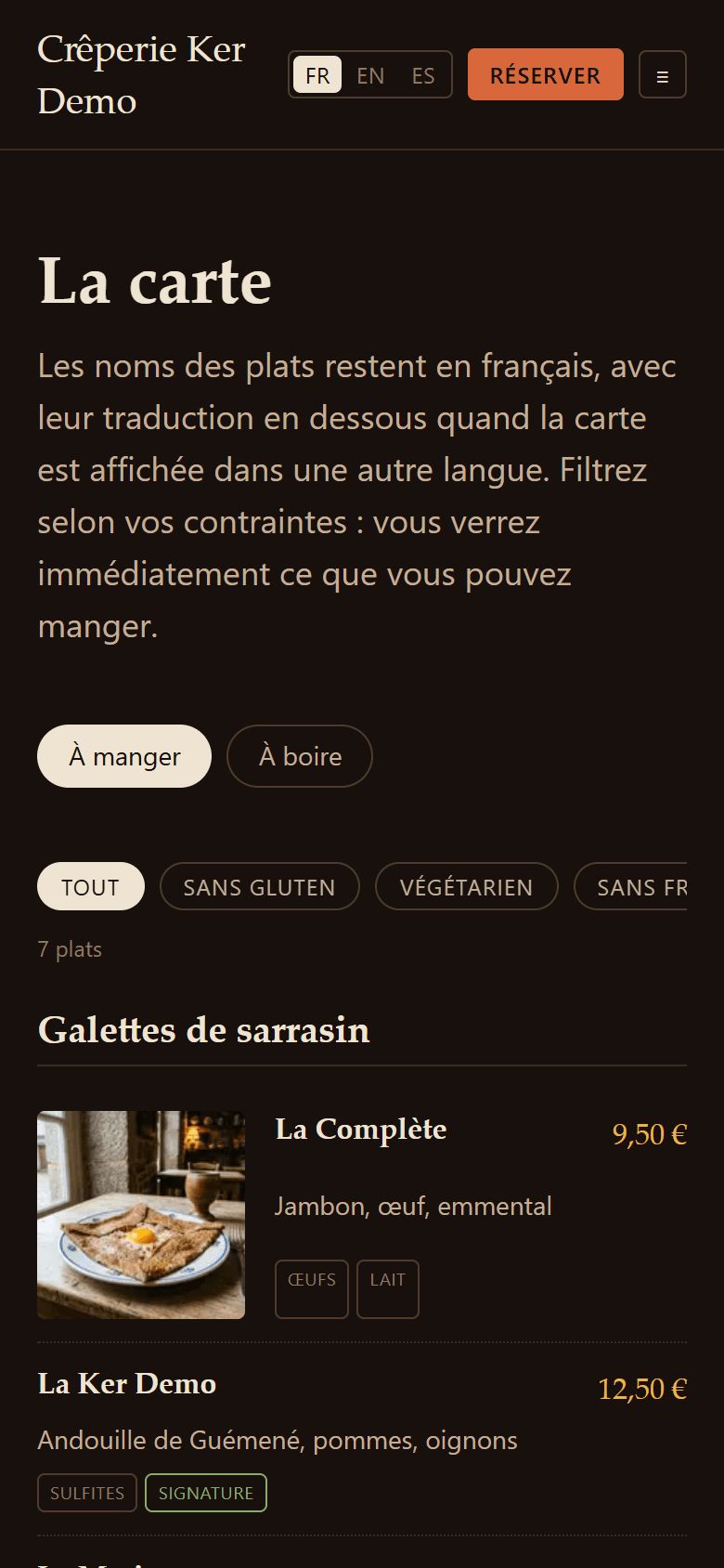 Après — La carte de la Crêperie Ker Demo, capture du site de démonstration
